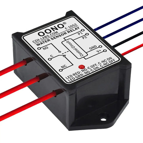 Water Sensor Relay Module with SPDT Switch for 12V DC, supports load up to 30V DC or 277V AC at 10 Amp max, plug and play.