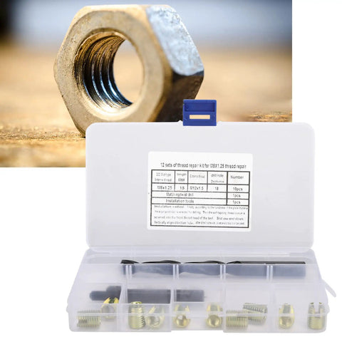 Thread Repair Kit 12Pcs M8 X 1.25 Self Tapping Thread Insert Tool Set With Vibration Anti Loosening For Auto And Industrial Applications Heavy Duty Easy For Car Repairs Trucks Trains Ships Machinery Electronics And Plastics open case with brass inserts and drill