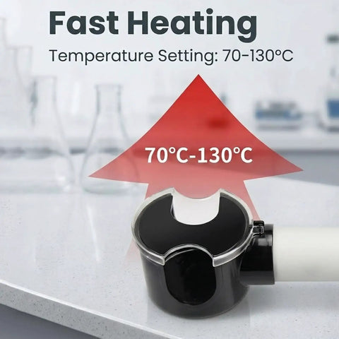 Top Shelf Optical Glasses Frame Warmer, 580W Quick Heat Lens Heater shows temperature setting of 70 to 130°C for fast heating.