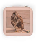 Compact Pink Jewelry Travel Case with bird image, 4x4x2 inch organizer with plush interior for rings and earrings.
