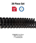 3/8 Inch Drive Metric Master Impact Socket Set 29 Pieces Heavy Duty CR-MO Steel with Blow Molded Case in full display