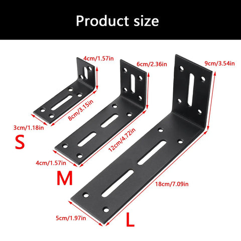 Heavy Duty Right Angle Shelf Bracket Set showing three sizes for floating shelves