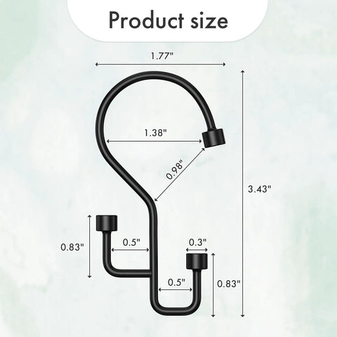 Product dimensions of black 12 Pack Double Shower Curtain Hooks Rust Resistant Metal Rings With High Low Design for curtain separation