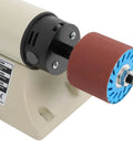 Heavy Duty 350W Electric Leather Edge Polisher Built Tough For Real Pros With Adjustable Speed And Six Multi Grit Sanding Belts To Get Silky Smooth Edges On Wallets Bags And Wood Projects Fast, showing sanding drum close-up.