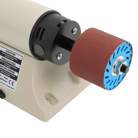Heavy Duty 350W Electric Leather Edge Polisher Built Tough For Real Pros With Adjustable Speed And Six Multi Grit Sanding Belts To Get Silky Smooth Edges On Wallets Bags And Wood Projects Fast, showing sanding drum close-up.