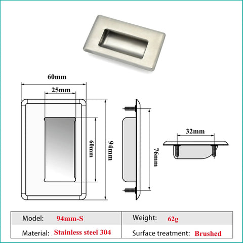 Dimensions and design of Hidden Recessed Pull Handle Set, Stainless Steel Square Flush Concealed Furniture Handles diagram.