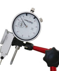Front view of Accusize Industrial Tools dial indicator with magnetic base on a red stand; 0-1 in range, 0.001 in resolution.