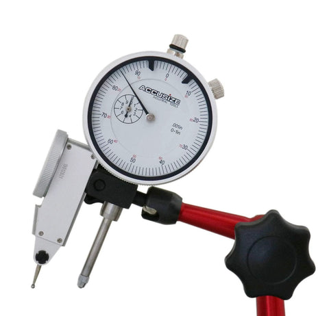 Front view of Accusize Industrial Tools dial indicator with magnetic base on a red stand; 0-1 in range, 0.001 in resolution.