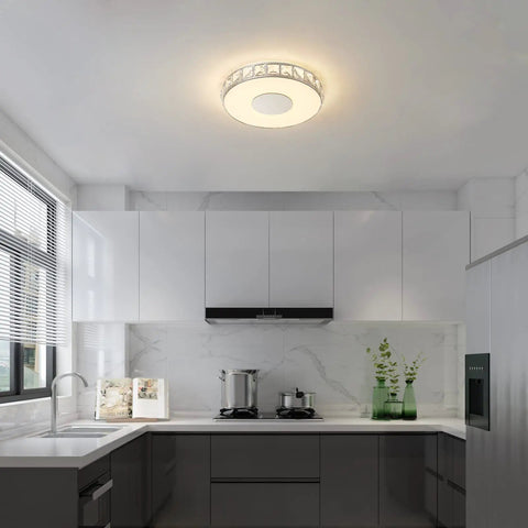14 Inch Modern Ceiling Light Flush Mount With Crystal K9 Glass LED Dimmable Chandelier in a sleek kitchen setting