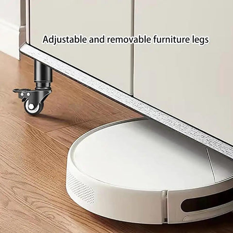 Heavy Duty Adjustable Furniture Legs With Swivel Casters, 4 Piece Metal Table And Cabinet Foot Extenders Featuring 360 Degree Rotation, White Height Range 9 To 14 Inches showing swivel caster on cabinet