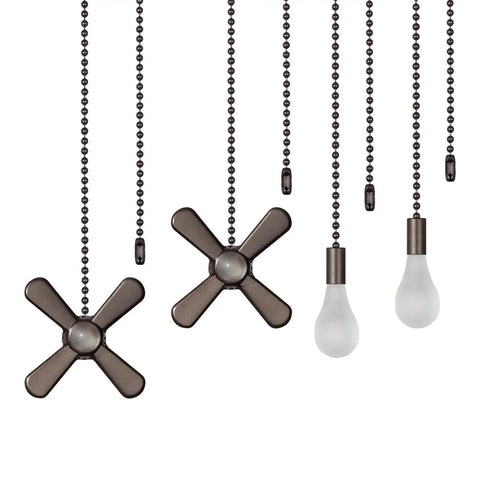Beaded Ball Ceiling Fan Pull Chain Set With Zinc Alloy Bead Extenders And Connectors Includes Four Pendant Chains Two 36 Inch Extensions Eight Extra Connectors Easy Install Rust Proof Oil Rubbed Bronze, featuring fan and bulb-shaped pendants.