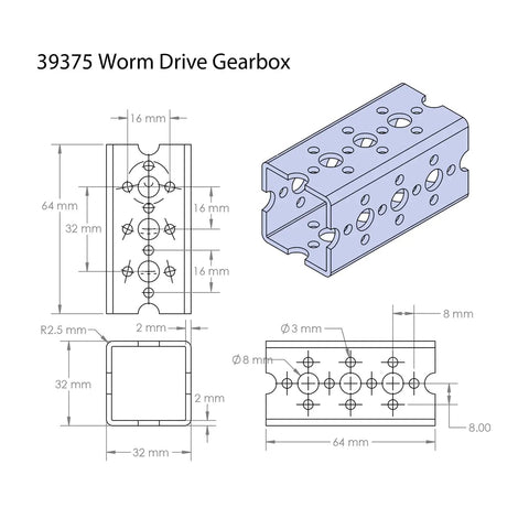 Technical drawing of Aluminum Worm Gear Drivebox 4 to 1 for Robotics Builds showing dimensions and structure.