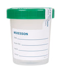 McKesson 4 oz (120 mL) sterile HDPE specimen container with green screw-on lid and label area.