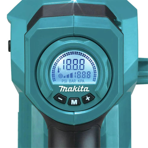 Makita DMP181ZX 18V LXT cordless high-pressure inflator front view; teal housing with digital gauge and control buttons.
