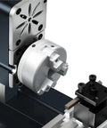 Heavy-Duty Miniature Metal Lathe With Electroplated Finish For DIY Projects, close-up of motor and chuck detail.
