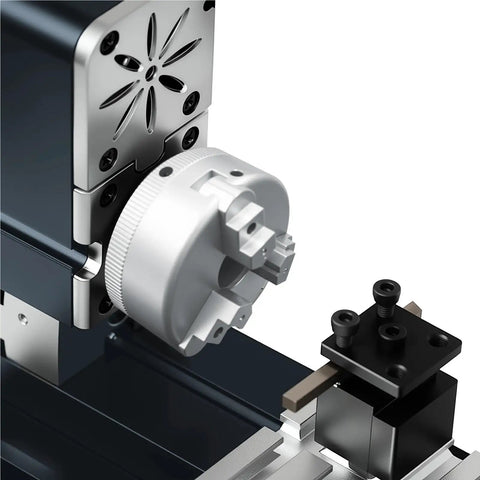 Heavy-Duty Miniature Metal Lathe With Electroplated Finish For DIY Projects, close-up of motor and chuck detail.