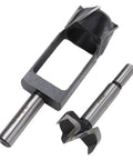 Close-up of Forstner Drill Bit Set 10 Piece Woodworking Kit with round shank plug cutter displayed on white background.