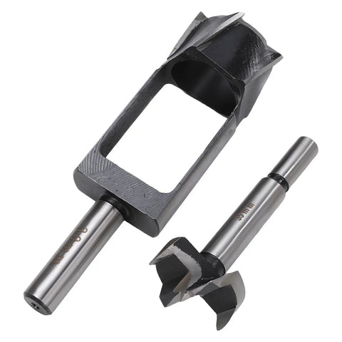 Close-up of Forstner Drill Bit Set 10 Piece Woodworking Kit with round shank plug cutter displayed on white background.