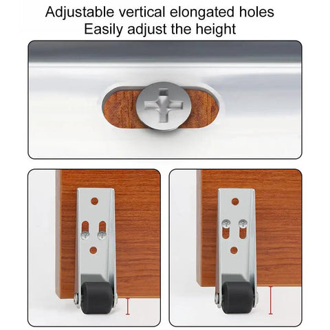 Adjustable height mechanism on vertical track roller wheels for smooth barn door operation featuring quiet rubber casters.