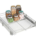 Top Notch Heavy Duty Pull Out Cabinet Organizer One Tier Smooth Glide Chrome Wire Drawer Shelf with jars for kitchen pantry.