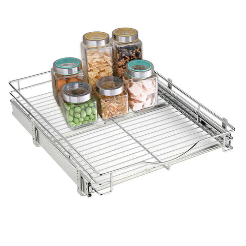 Top Notch Heavy Duty Pull Out Cabinet Organizer One Tier Smooth Glide Chrome Wire Drawer Shelf with jars for kitchen pantry.