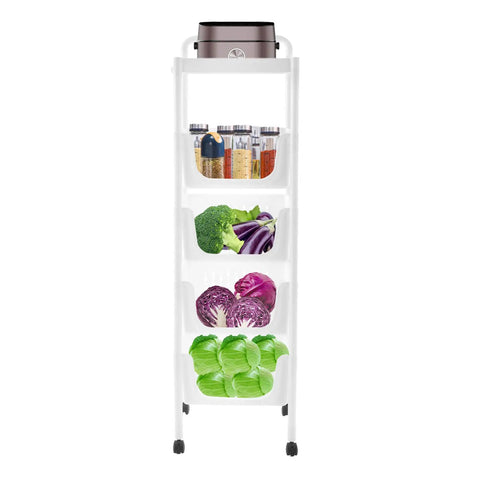 Keep Your Produce Fresh As A Daisy With This Five Tier Floor Standing Fruit And Vegetable Storage Basket Featuring Ventilated Plastic Bins. Five-tier cart with veggies and spices.