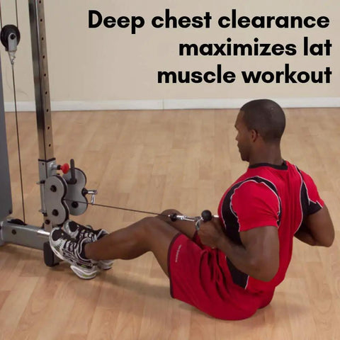 Person using Pro-Grip Multi Bar Cable Attachment With Rubber Grips for seated rows in a home gym setting.