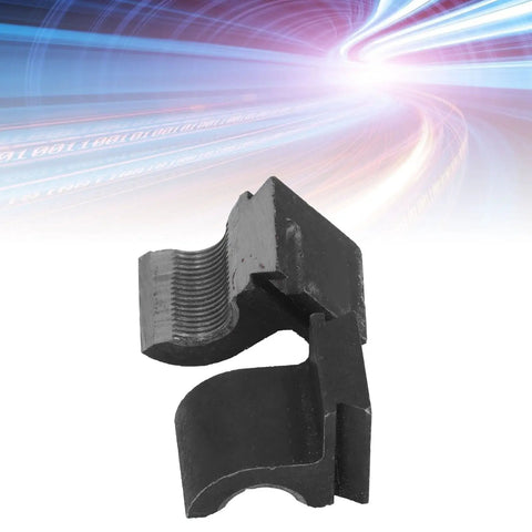 Split Half Nuts For Mini Lathes 16mm ID 1.5mm Pitch 45 Steel in front of abstract background, open top and bottom design
