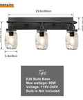 Industrial Mason Jar Vanity Light Wall Sconce In Black Finish, three light fixture with glass jar shades and size dimensions