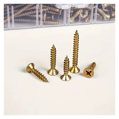 470 Piece M3.5 Zinc Plated Phillips Flat Head Wood Screw Assortment Kit With Seven Lengths, Self Tapping Fasteners For DIY Projects, Handy Box Of Phillips Drive Wood Screws For Furniture And Deck Repairs, assorted brass wood screws
