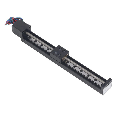 Heavy Duty Linear Slide Guide Rail Two Hundred Millimeter Electric Actuator Stage Plug And Play Bearing Block, black metal design.