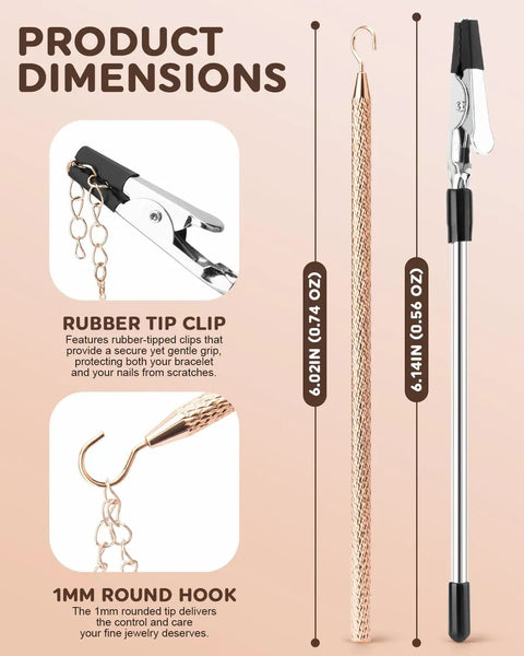 Portable Bracelet Helper Tool With Rubber Tip Clips And 1mm Round Hook For easy solo fastening and scratch-free design