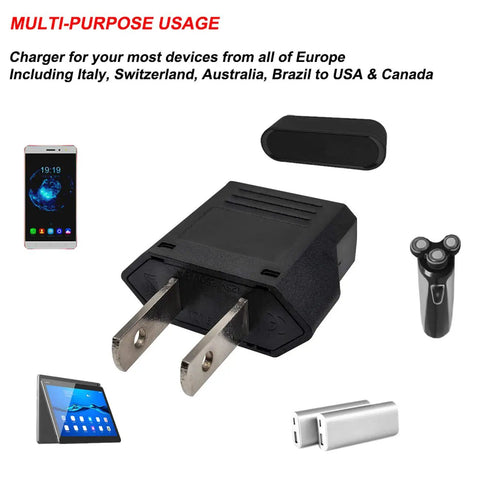 European To US Plug Adapter 2 Pack Type E F To Type A B Fireproof CE Certified 120V 220240V 6A with electronic devices shown.