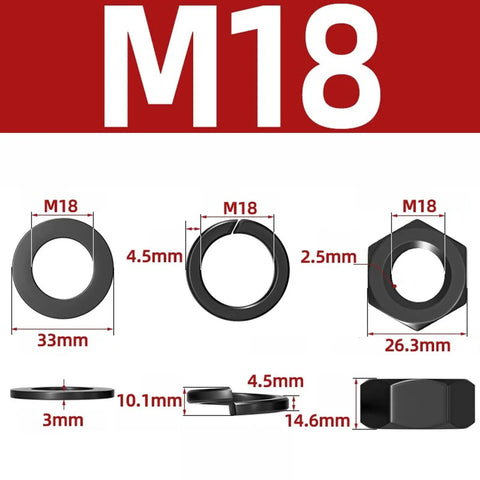 304 Stainless Steel Black Hex Nut Set With Flat Washer And Spring Washer Kit M18, dimensions and specifications shown