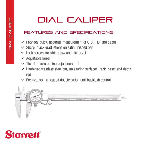 Dial Caliper Workhorse With Adjustable Bezel 0 To 8 Inch Range.001 Inch Graduation Anti Backlash Gear Knife Edge Contacts For Inside And Outside Measurements One Hand Use With Thumb Operated Fine Adjustment Direct Reading And Precise Gauging. stainless steel dial caliper