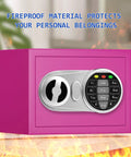 Pink Safe Box with Sensor Light and Electronic Digital Keypad, Durable Steel Construction, fireproof material, front view.