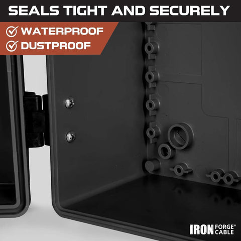 Close-up of Extra Large Waterproof Outdoor Junction Box With Hinged Panel Cover, showing interior details and waterproof seal