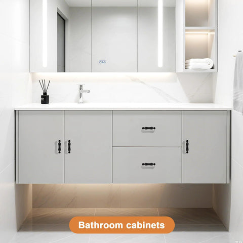 Image of a bathroom cabinet with matte black cabinet handles, part of a 30 pack set with 3 inch hole centers, modern style.