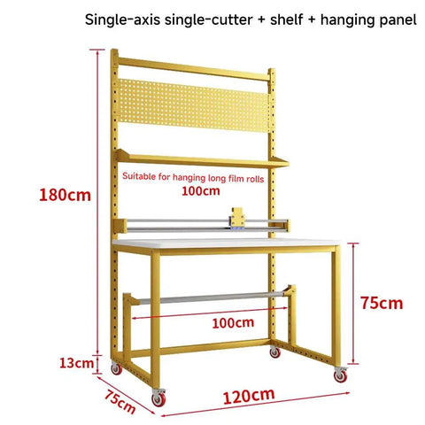 Heavy Duty Rolling Workbench With Smooth Rollin Caster Wheels And Adjustable Standing Height For Warehouses And Couriers, includes a 120x75cm steel work surface, shelf, and built-in cutter.