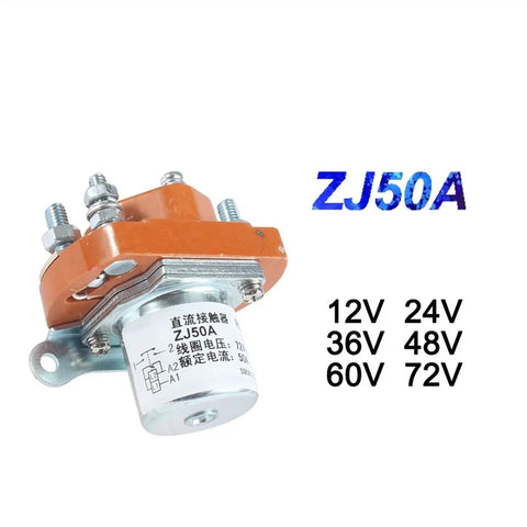 Heavy-Duty 50A DC Contactor Relay Built Tough For Electric Vehicles And Winches, ZJ50A model, rated 12V to 72V.