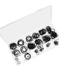 External Circlip Assortment Kit In Carbon Steel With 18 Sizes displayed in an organized storage box, showing C clip retaining rings.
