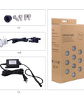 Components of 12V Low Voltage Waterproof IP67 Warm White Recessed Deck Lights Kit For Steps And Patio shown with packaging.
