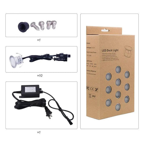 Components of 12V Low Voltage Waterproof IP67 Warm White Recessed Deck Lights Kit For Steps And Patio shown with packaging.