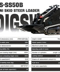 Image of DS-SS50B Mini Skid Steer Loader with 13.5HP Stand On Compact Crawler Design 45 Inch Bucket Hydraulic Drive for construction use.
