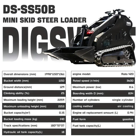 Image of DS-SS50B Mini Skid Steer Loader with 13.5HP Stand On Compact Crawler Design 45 Inch Bucket Hydraulic Drive for construction use.