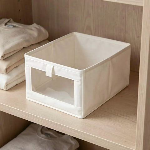 Heavy Duty Cotton Linen Foldable Storage Bins Stackable Closet Organizers on wooden shelf with folded clothes.