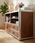 Knockout Aviator Sideboard Cabinet Drops That Aero Industrial Heat With Wraparound Weathered Brown Leather Riveted Silver Trim And Massive Storage Building A Solid 54 Inch Credenza Console Table For Any Cool Living Space, featuring shelves and drawers.