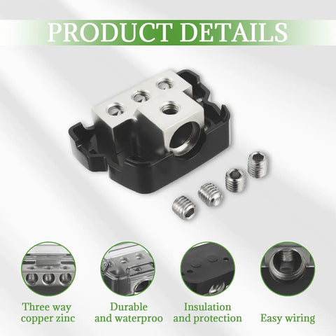 Three Way Car Audio Power Distribution Block For Amplifier Input Accepts 0, 2, And 4 AWG Wires Output Provides Three Posts For 4 And 8 AWG Wires Easy Install Nickel Plated Internals Resist Corrosion Heavy Duty Hub For Clean Power And Reduced Noise. three-way power block, 63 x 40 x 30 mm, black and silver, with screws
