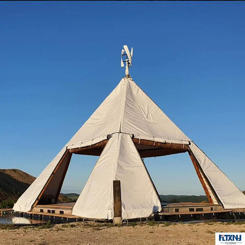 10KW Vertical Maglev Wind Turbine Generator Kit Lantern Three Blades Mppt Controller Off Grid Inverter on a tent structure.