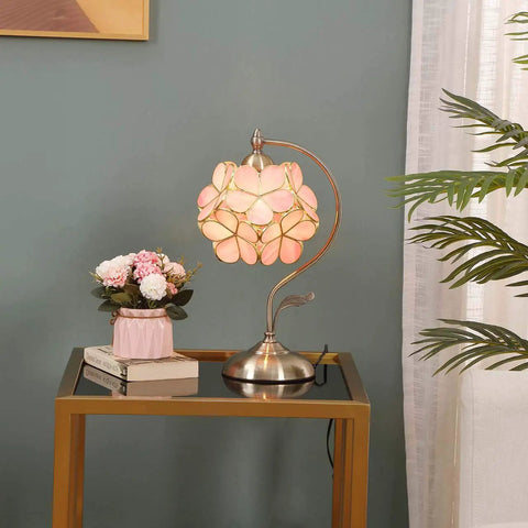 Chic Vibe Stained Glass Tiffany Style Flower Petal Table Lamp With Brass Base For Home Decor Pink 8 Inch Shade 17 Inch Tall